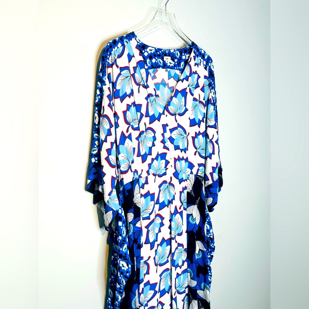 Warm Leaf Kimono Printed Midi Waist Tie Blue White Dress Size 0 - Picture 9 of 16